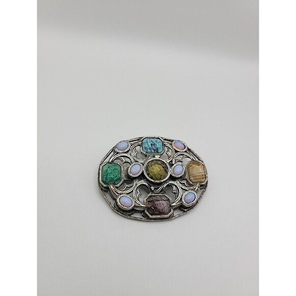Vintage Miracle Scottish Celtic Brooch Faux Agate Opal Glass Stones Silver tone - Picture 8 of 13